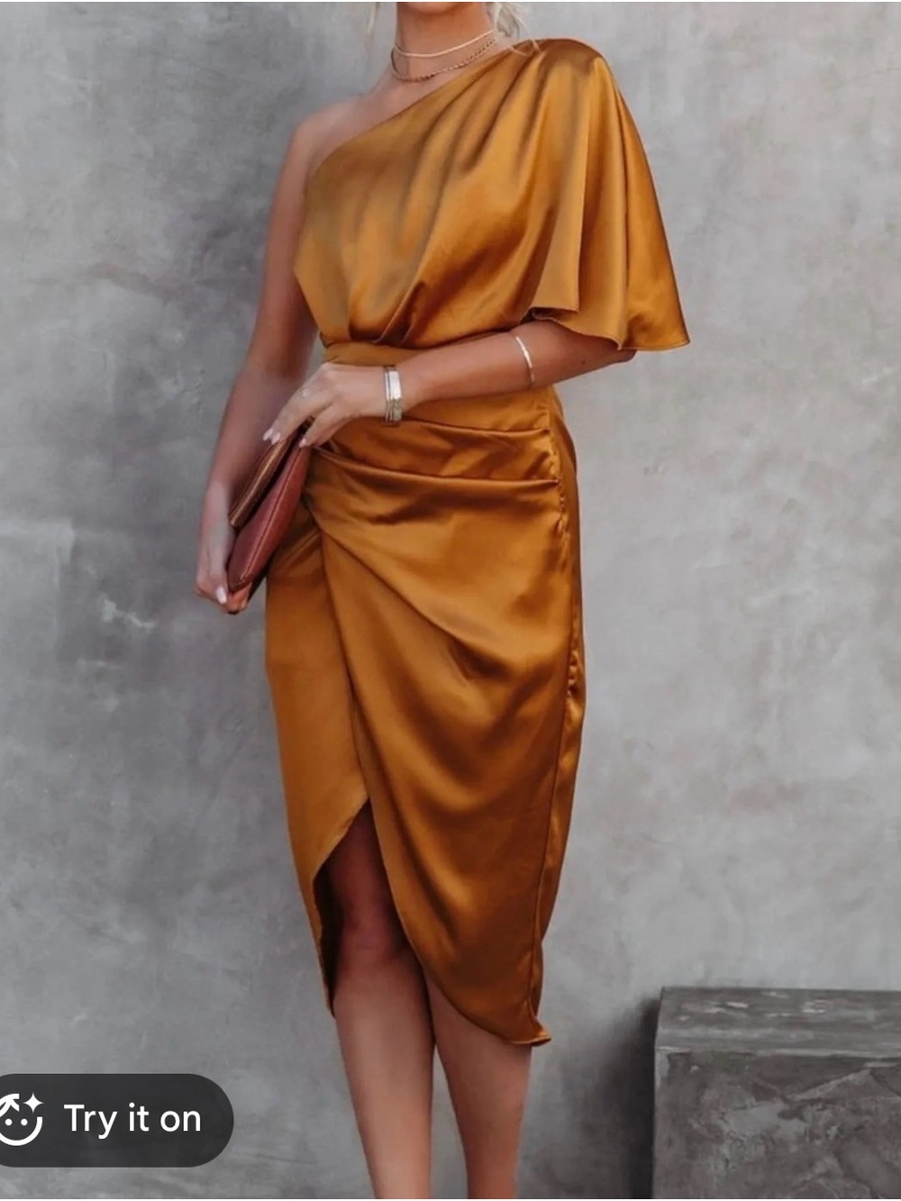 NWOT - One-Shoulder Satin Dress in Gold/Copper